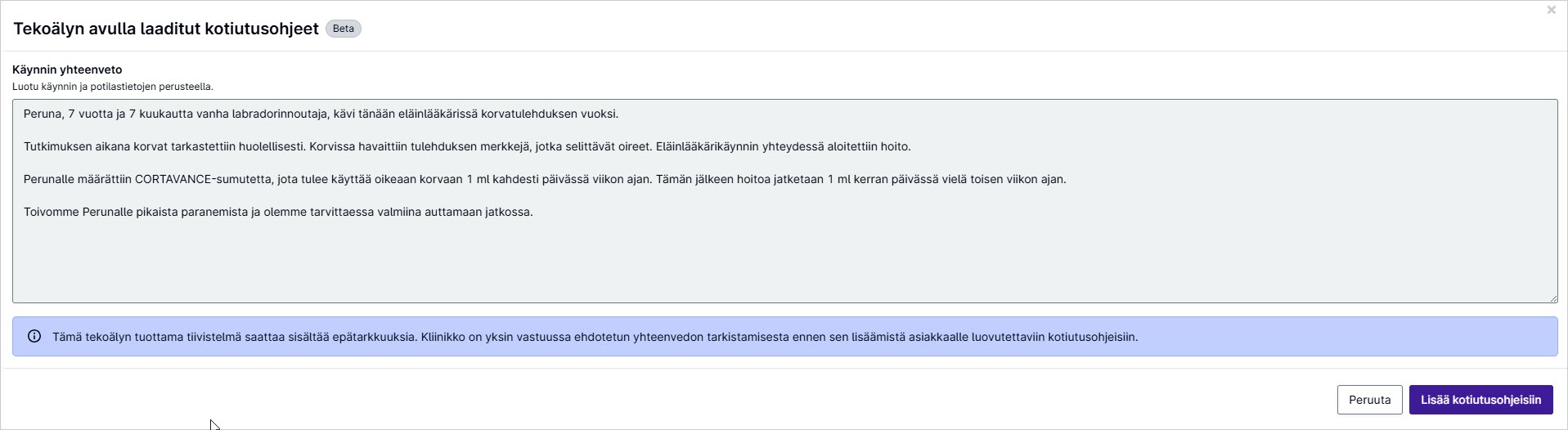 Esimerkki tekoälyn tuottamasta yhteenvedosta